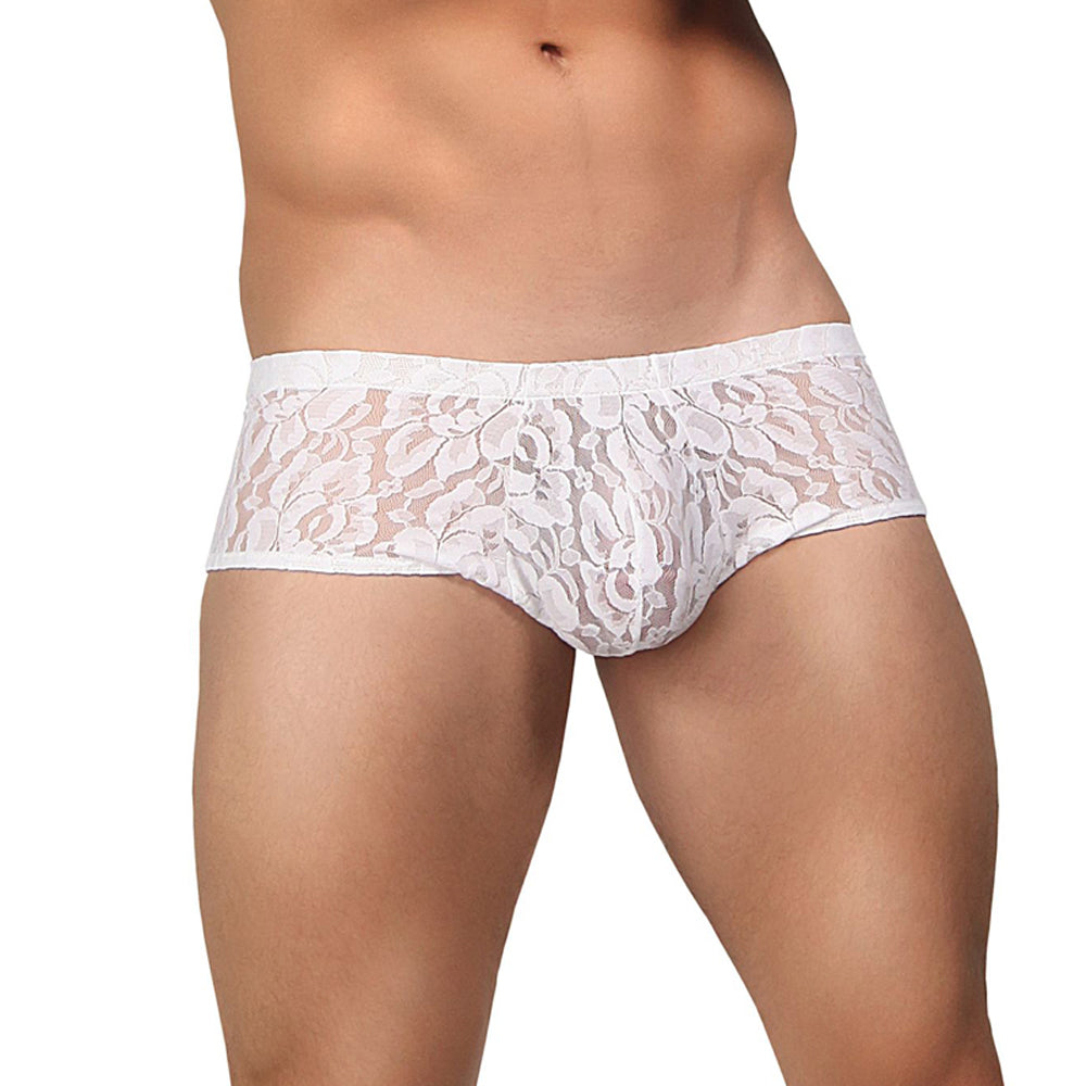Male Power Stretch Lace Mini Short White Small
