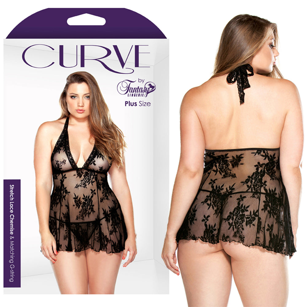 Curve Stretch Lace Chemise & G-string Black 3X/4X