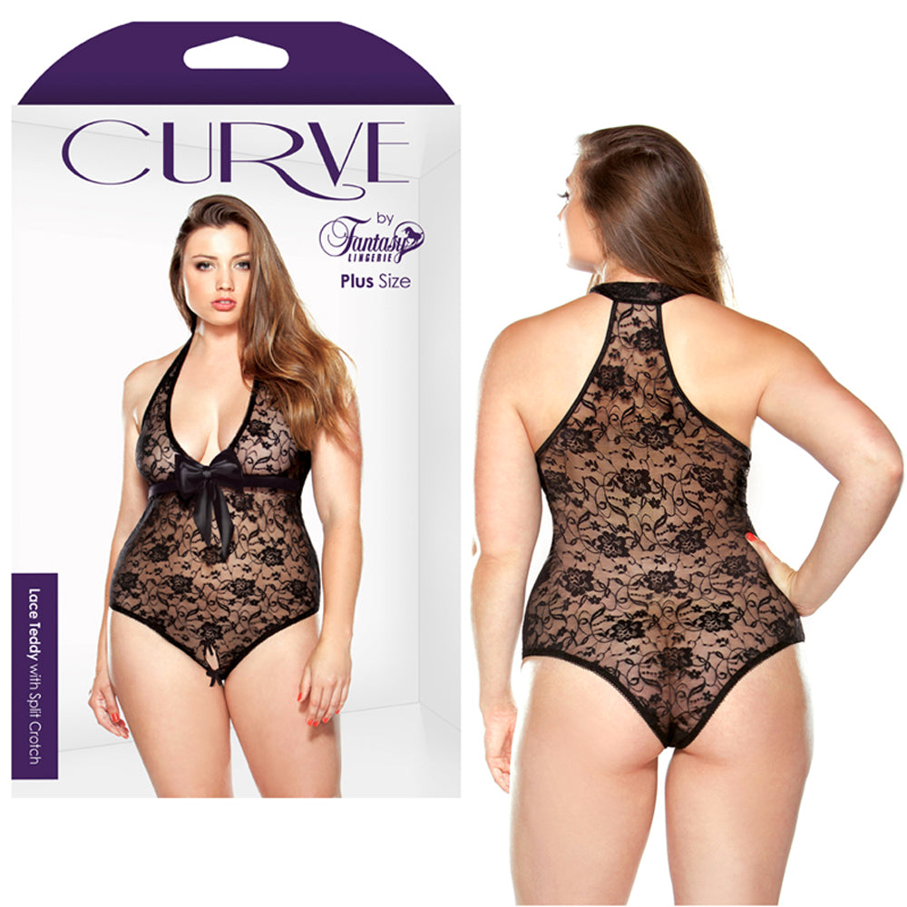 Curve Lace Teddy with Splt Crotch Black 1X/2X