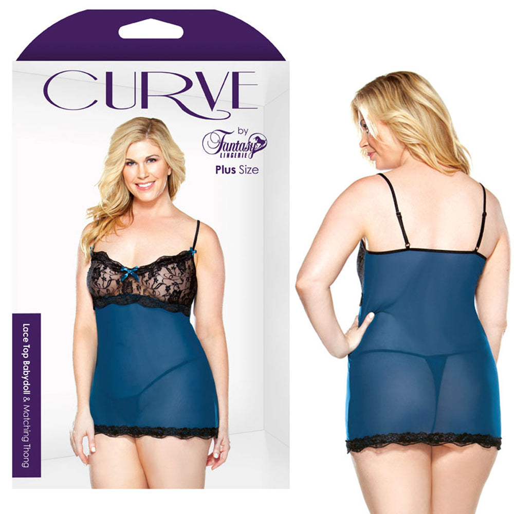 Curve Lace Top Babydoll&Thong Teal 1X/2X