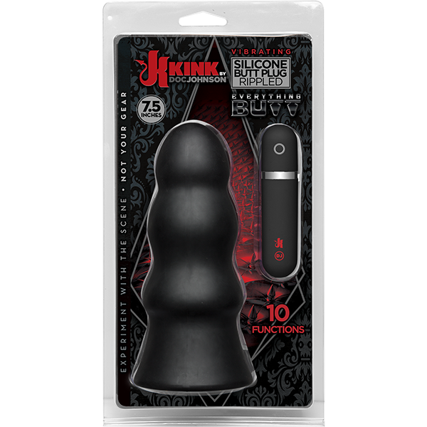 Kink Vibrating Silicone Butt Plug Rippled 7.5 inch Black