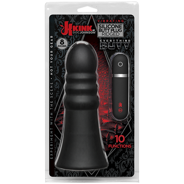 Kink Vibrating Silicone Butt Plug Ridged 8 inch Black
