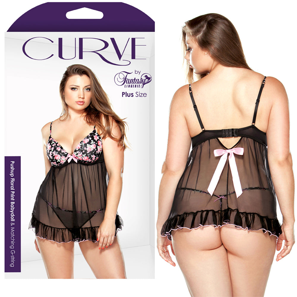 Curve Floral Babydoll & G Black/Pink 1X/2X