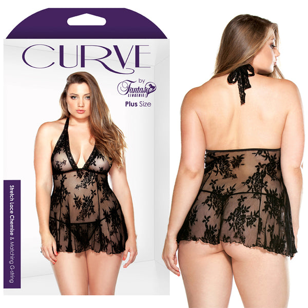 Curve Stretch Lace Chemise & G-string Black 3X/4X