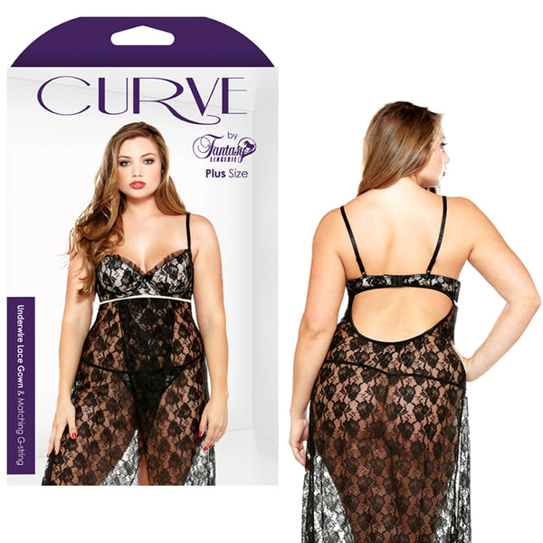Curve Underwire Lace Gown & G-string Black/Nd 3X/4X