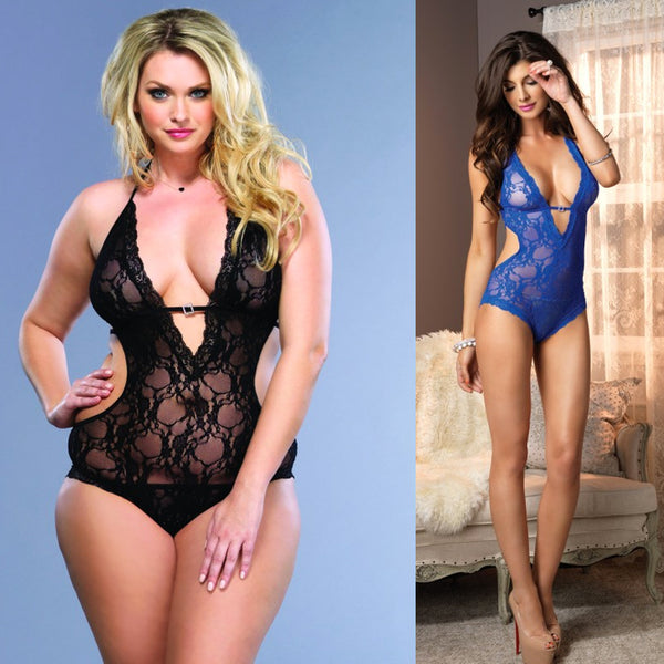 Stretch Lace Deep-V Halter Teddy Plus Bl