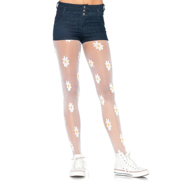 Sheer Woven Daisy Pantyhose O/S White
