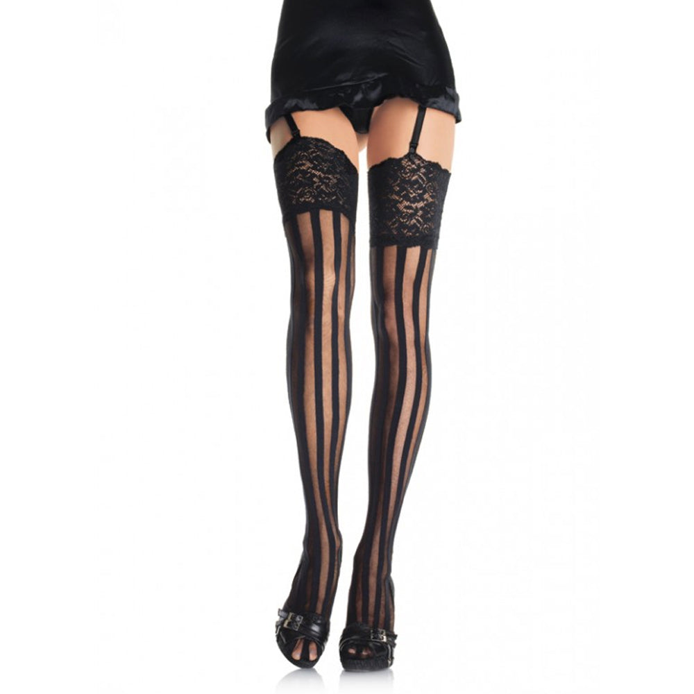 Stripe Thigh High with Lace Top O/S Black