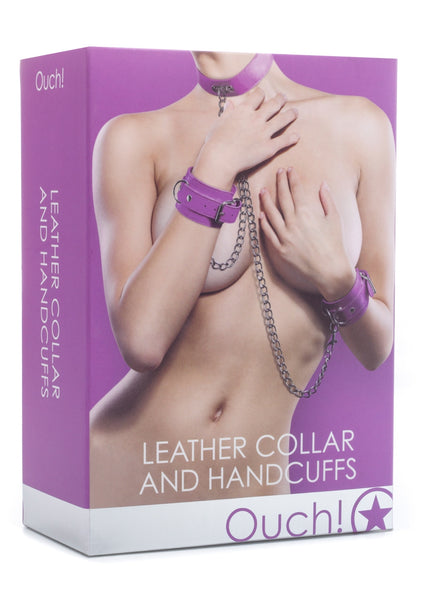 Leather Collar and Handcuffs - Purple