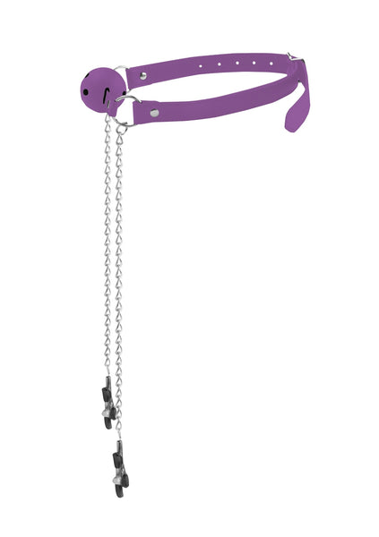 Ball Gag with Nipple Clamps - Purple