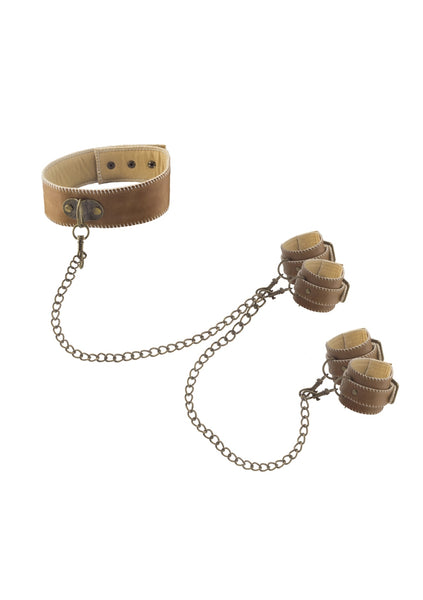 Collar With Hand And Leg Cuffs - Brown