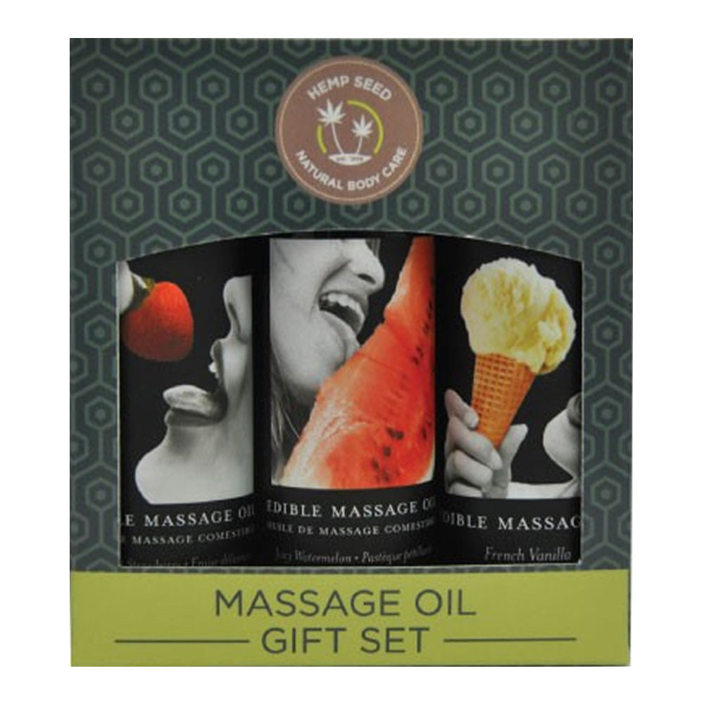 Earthly Body Edible Gift Set with Vanilla, Strawberry and Watermelon 2 oz massage Oils 2 oz