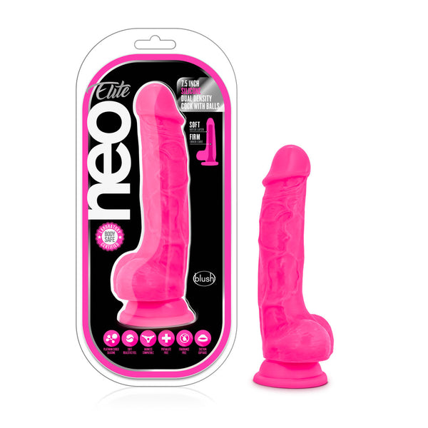Neo Elite - 7.5 Inch Silicone Dual Density Cock  With Balls - Neon Pink