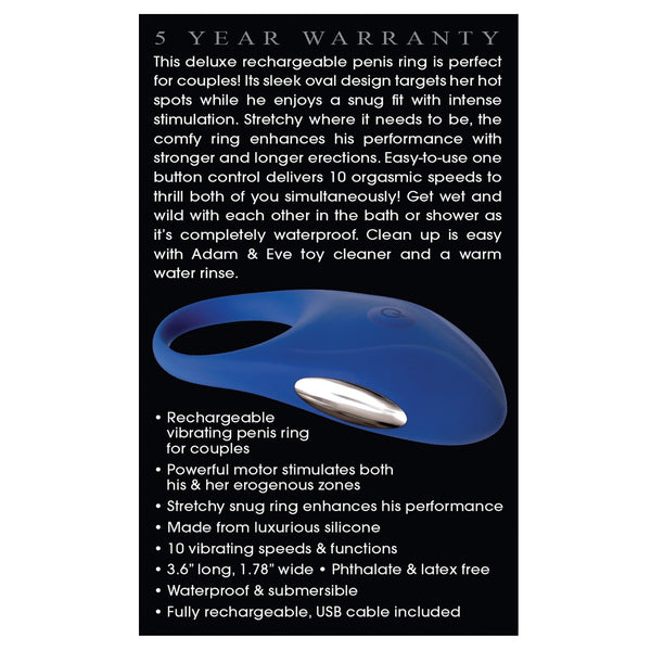 Adam & Eve Rechargeable Couples Penis Ring - Blue