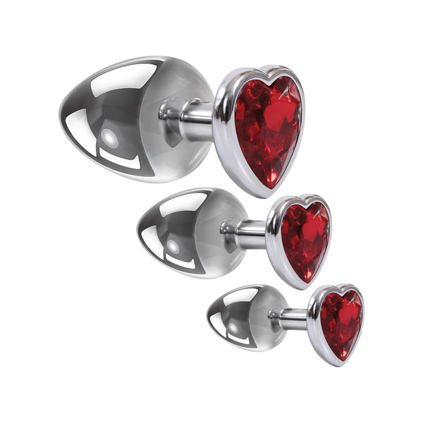 Adam & Eve Three Hearts Gem Anal Plug Set - Silver/Red