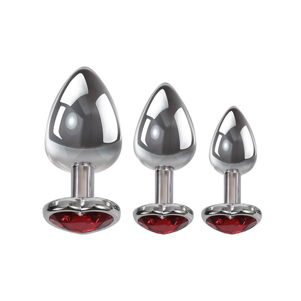 Adam & Eve Three Hearts Gem Anal Plug Set - Silver/Red