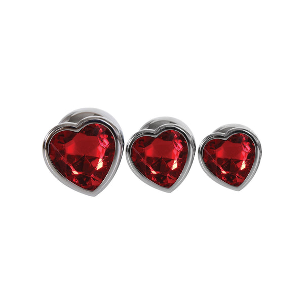 Adam & Eve Three Hearts Gem Anal Plug Set - Silver/Red