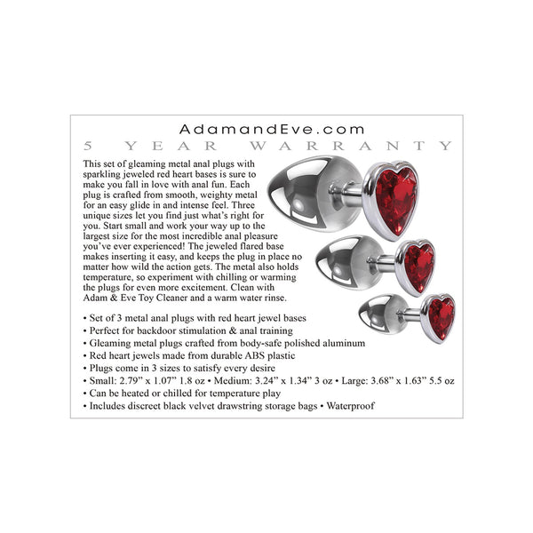 Adam & Eve Three Hearts Gem Anal Plug Set - Silver/Red