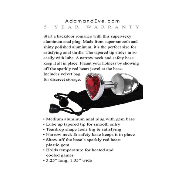Adam & Eve Red Heart Gem Anal Plug - Medium Red/Chrome