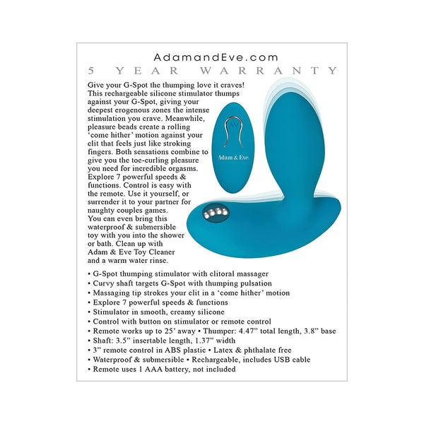 Adam & Eve Eve's G Spot Thumper w/Clit Motion Massager - Teal