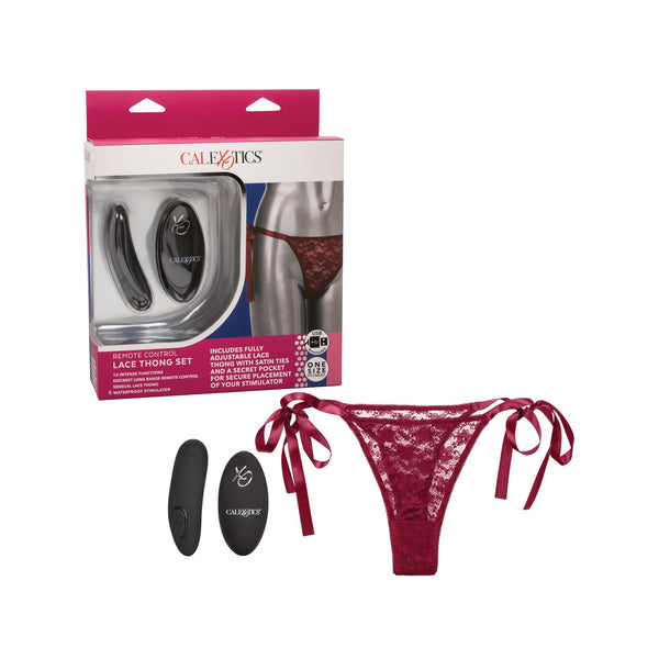 Remote Control Lace Thong Set - Burgundy