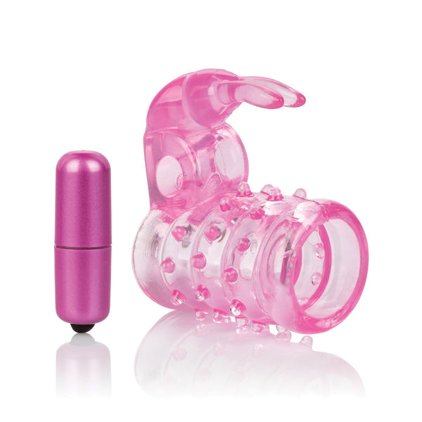 Basic Essentials Stretchy Vibrating Bunny Enhancer - Pink